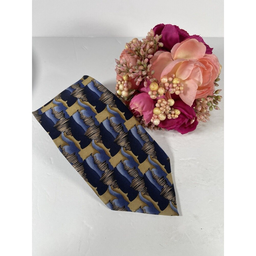 ⁠Vintage Cocktail Collection by Stonehenge Silk Tie Abstract Blue Gold Wine USA